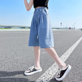 Καλοκαιρινά μαλακά τζιν σορτς για κορίτσια 2025 Νέα παιδικά ρούχα εξωτερικού εμπορίου για μεγαλύτερα παιδιά, λεπτά τζιν casual σορτς μέχρι το γόνατο