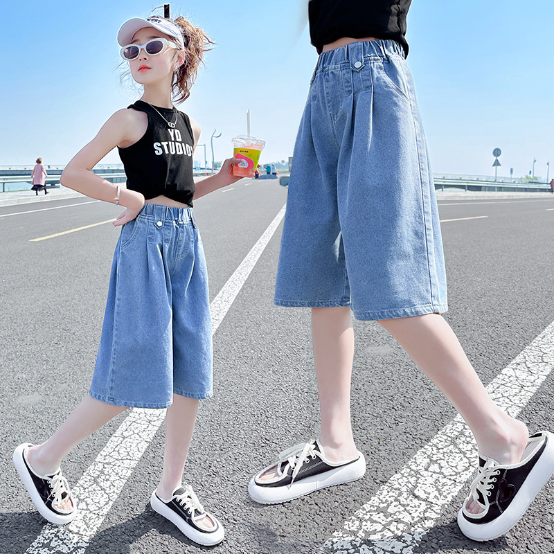 Dievčenské letné mäkké džínsové šortky 2025 Nové detské oblečenie zahraničného obchodu pre staršie deti, tenké džínsové ležérne šortky po kolená