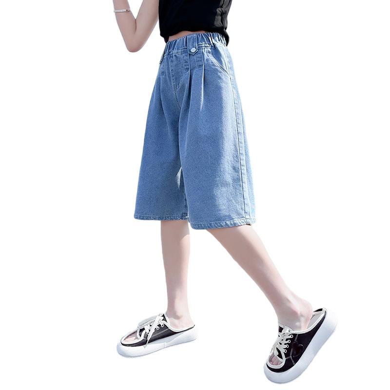 Dievčenské letné mäkké džínsové šortky 2025 Nové detské oblečenie zahraničného obchodu pre staršie deti, tenké džínsové ležérne šortky po kolená