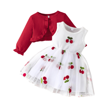 Νέο κοστούμι με μακριά μανίκια, μικρό σάλι και φούστα πολλαπλών στρώσεων από πλέγμα με μοτίβο κερασιού του 2024, διασυνοριακοί κατασκευαστές πηγών