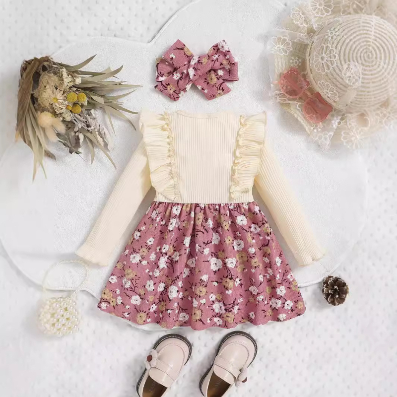 Nova djevojačka haljina dugih rukava s cvjetnim printom u korejskom stilu, jednobojna, s mozaikom i uzorkom, za proljeće i jesen 2022.