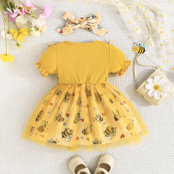 Αποκλειστικά για διασυνοριακή προμήθεια - Σετ γλυκού βρεφικού φορέματος με κίτρινο λουλουδάτο μοτίβο + φιόγκο στο κεφάλι, μοντέρνο στυλ