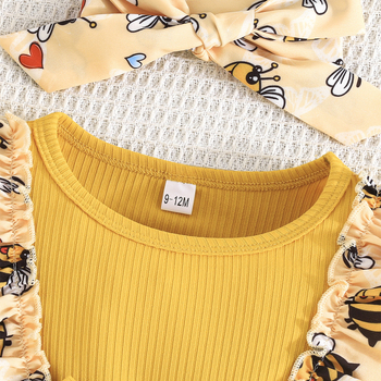 Αποκλειστικά για διασυνοριακή προμήθεια - Σετ γλυκού βρεφικού φορέματος με κίτρινο λουλουδάτο μοτίβο + φιόγκο στο κεφάλι, μοντέρνο στυλ