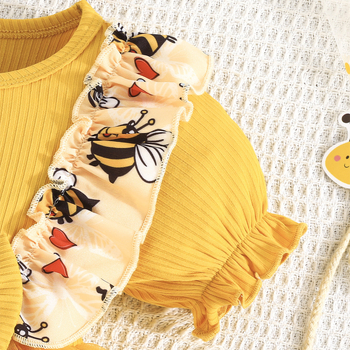 Αποκλειστικά για διασυνοριακή προμήθεια - Σετ γλυκού βρεφικού φορέματος με κίτρινο λουλουδάτο μοτίβο + φιόγκο στο κεφάλι, μοντέρνο στυλ