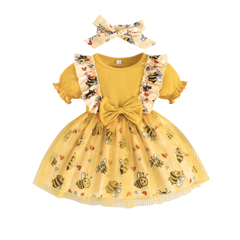 Αποκλειστικά για διασυνοριακή προμήθεια - Σετ γλυκού βρεφικού φορέματος με κίτρινο λουλουδάτο μοτίβο + φιόγκο στο κεφάλι, μοντέρνο στυλ