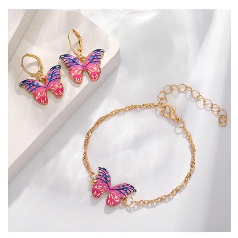 Piiriülesed Euroopa ja Ameerika naiste ehted, värviline gradientliblikas kaelakee, kõrvarõngad, käevõru, kevad- ja suvetemperamendiga kõrvarõngad naistele