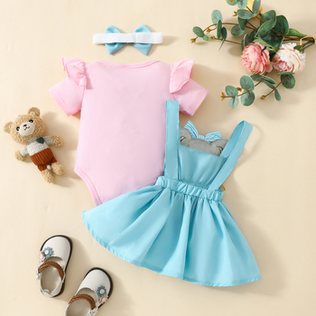 Ευρωπαϊκό και αμερικανικό κοστούμι για μωρά κορίτσια με κοντό μανίκι, φούστα με τιράντες, γιορτινό κέντημα με αρκουδάκι, τρίγωνο, καπέλα, τιράντες μαλλιών