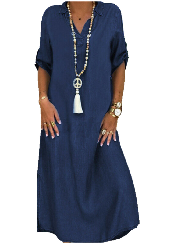 Cezhraničný export Jesenné nové európske a americké dámske oblečenie pre väčšie veľkosti, čisté farby, dlhé šaty s výstrihom do V, džínsové šaty pre ženy