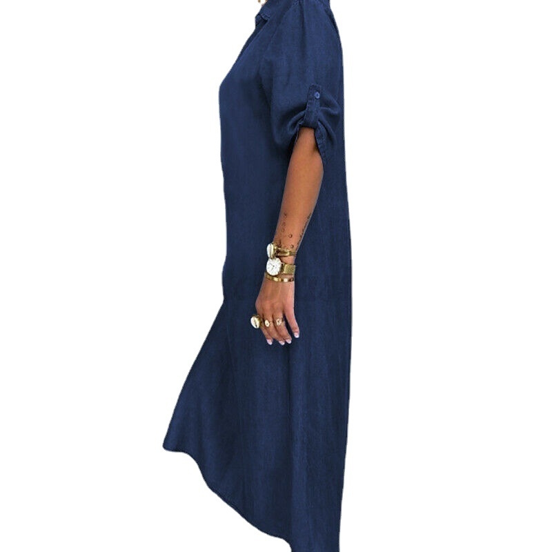 Cezhraničný export Jesenné nové európske a americké dámske oblečenie pre väčšie veľkosti, čisté farby, dlhé šaty s výstrihom do V, džínsové šaty pre ženy