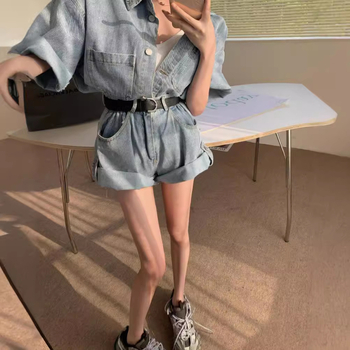 Pravo odijelo iz 2024., korejska verzija širokog, kratkog rukava, visokog struka, traper hlača, dvodijelnog odijela