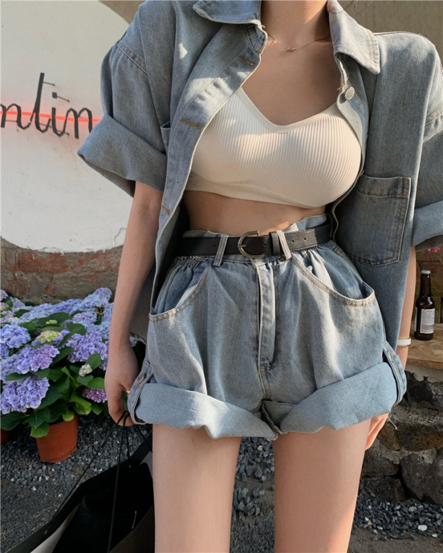 Pravo odijelo iz 2024., korejska verzija širokog, kratkog rukava, visokog struka, traper hlača, dvodijelnog odijela