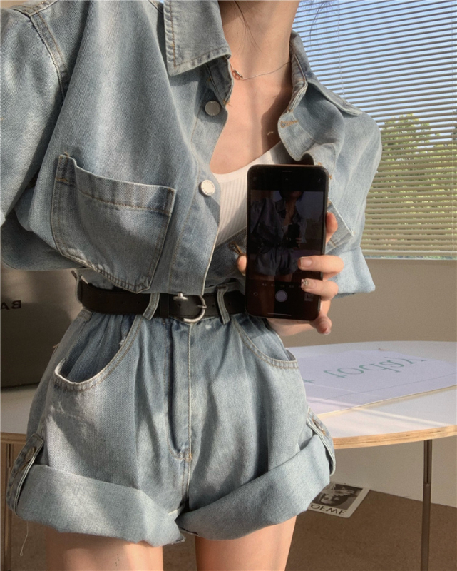 Pravo odijelo iz 2024., korejska verzija širokog, kratkog rukava, visokog struka, traper hlača, dvodijelnog odijela