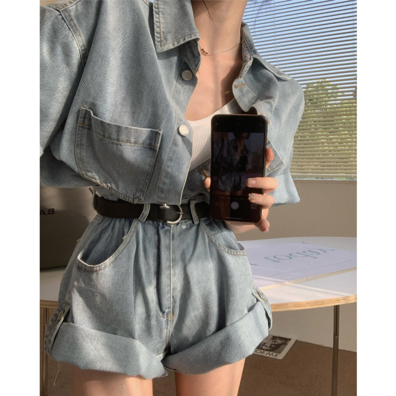 Pravo odijelo iz 2024., korejska verzija širokog, kratkog rukava, visokog struka, traper hlača, dvodijelnog odijela