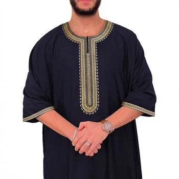 2025 Нов Близкия изток Трансграничен мюсюлмански Среден ръкав Бродерия Етнически стил Близкия изток Марокански Мъжки Халат Страничен джоб