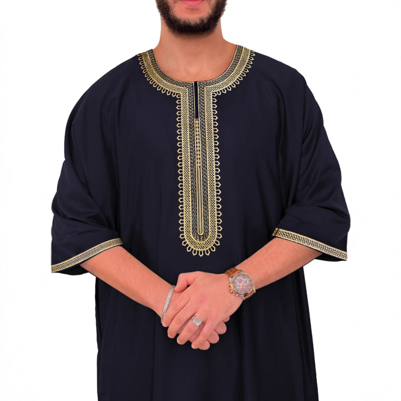 2025 Нов Близкия изток Трансграничен мюсюлмански Среден ръкав Бродерия Етнически стил Близкия изток Марокански Мъжки Халат Страничен джоб