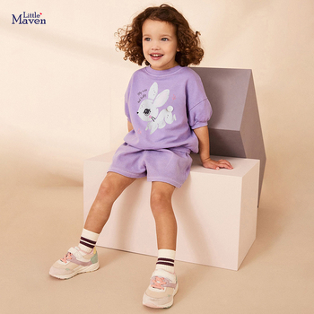 Dievčenské tričko s krátkym rukávom, šortky, 2 kusy, letné, čistá bavlna, detské, ležérne, westernový štýl, potlačený králik, fialové, vrchné oblečenie, móda