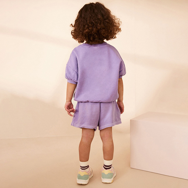 Dievčenské tričko s krátkym rukávom, šortky, 2 kusy, letné, čistá bavlna, detské, ležérne, westernový štýl, potlačený králik, fialové, vrchné oblečenie, móda