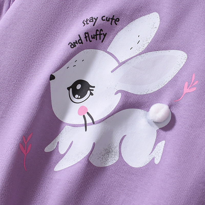 Dievčenské tričko s krátkym rukávom, šortky, 2 kusy, letné, čistá bavlna, detské, ležérne, westernový štýl, potlačený králik, fialové, vrchné oblečenie, móda