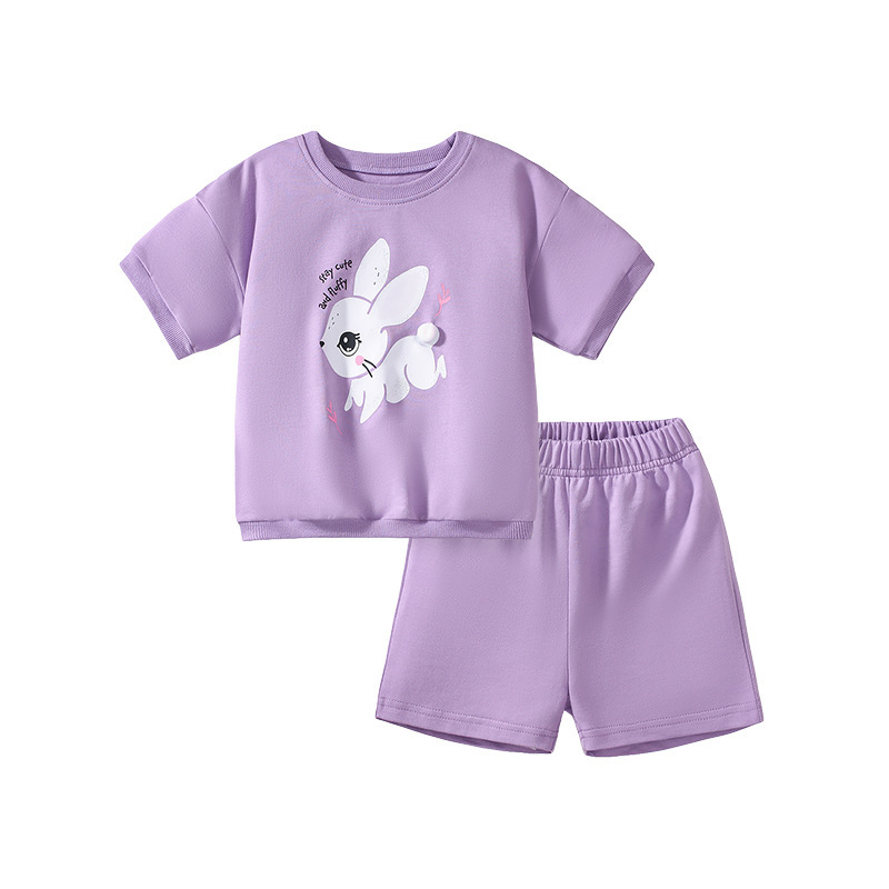 Dievčenské tričko s krátkym rukávom, šortky, 2 kusy, letné, čistá bavlna, detské, ležérne, westernový štýl, potlačený králik, fialové, vrchné oblečenie, móda