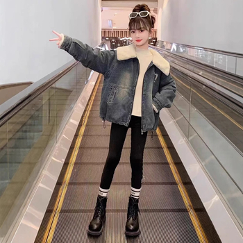 Mergaičių flisinis švarkelis rudeniui ir žiemai 2024 m., pastorintas žieminis džinsinis viršus su atlenkiama apykakle madingiems vaikiškiems deriniams