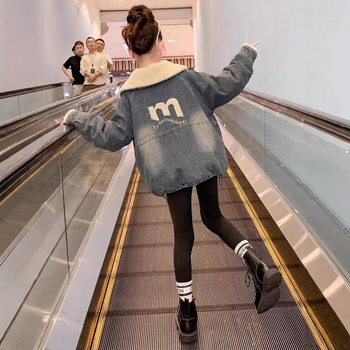 Mergaičių flisinis švarkelis rudeniui ir žiemai 2024 m., pastorintas žieminis džinsinis viršus su atlenkiama apykakle madingiems vaikiškiems deriniams