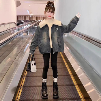 Mergaičių flisinis švarkelis rudeniui ir žiemai 2024 m., pastorintas žieminis džinsinis viršus su atlenkiama apykakle madingiems vaikiškiems deriniams