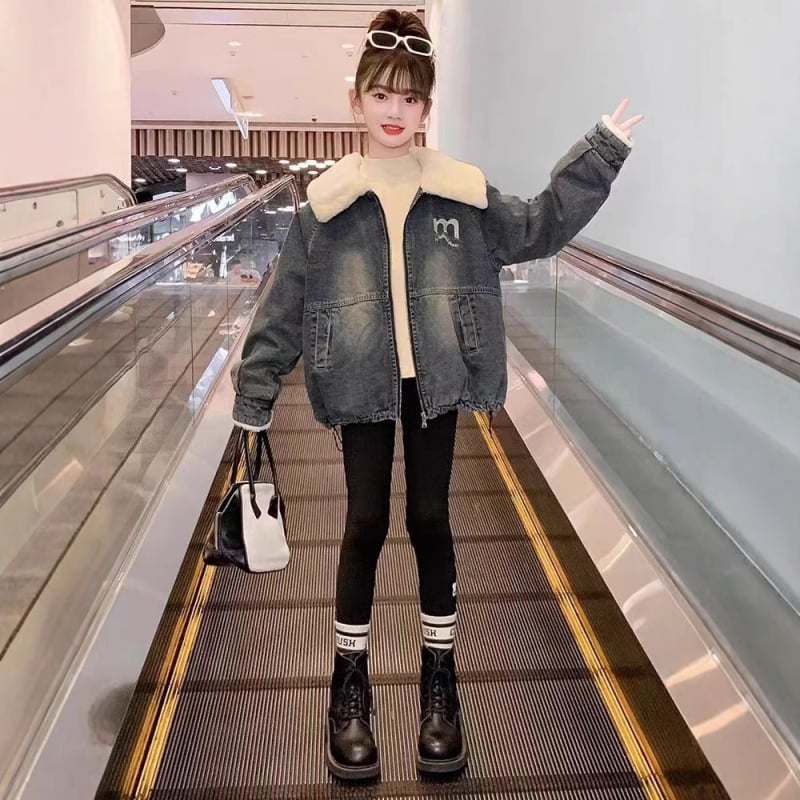 Mergaičių flisinis švarkelis rudeniui ir žiemai 2024 m., pastorintas žieminis džinsinis viršus su atlenkiama apykakle madingiems vaikiškiems deriniams