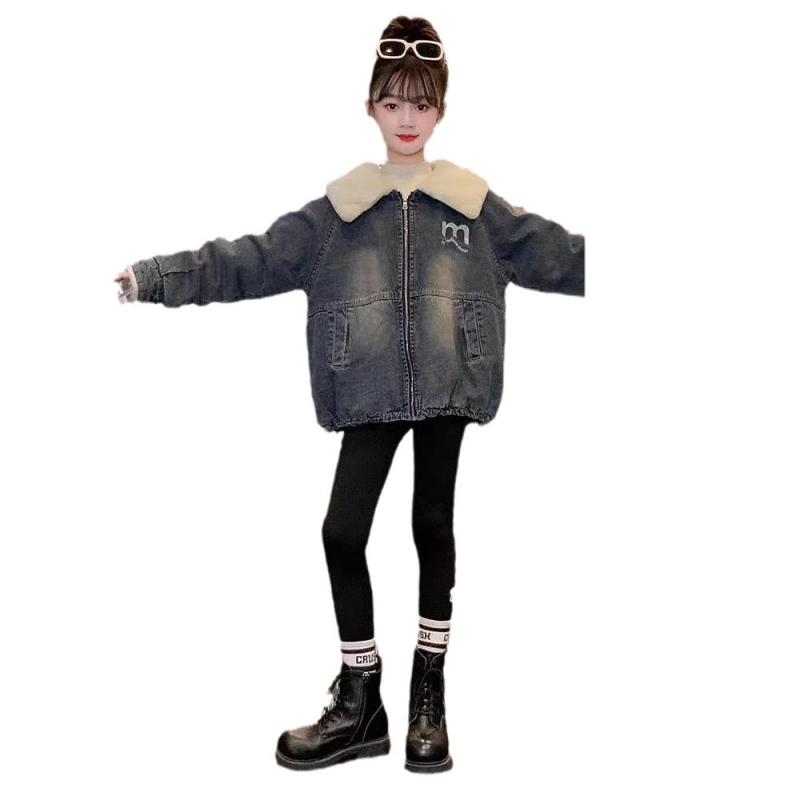 Mergaičių flisinis švarkelis rudeniui ir žiemai 2024 m., pastorintas žieminis džinsinis viršus su atlenkiama apykakle madingiems vaikiškiems deriniams