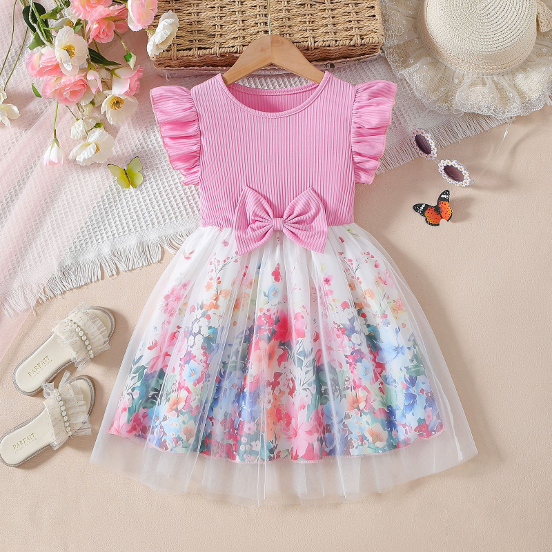 Zahraničný obchod Cezhraničné dievčatá Letné malé lietajúce rukávy v páse s mašľou Dizajn šitie sieťované elegantné princeznovské šaty Trendy