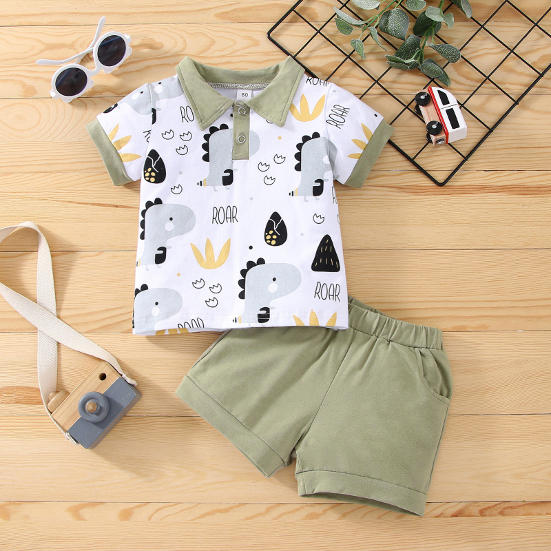 Nové letné chlapčenské biele šortky s krátkym rukávom a potlačou dinosaurov, skladom, doručenie priamo z továrne v jednom kuse