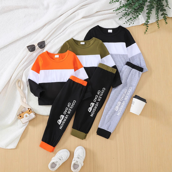 Šesterodijelni tinejdžerski pulover s okruglim izrezom i kontrastnim šavovima za dječake, dugim rukavima, utiskivanjem struka, utiskivanjem slova, ležernim hlačama za proljeće