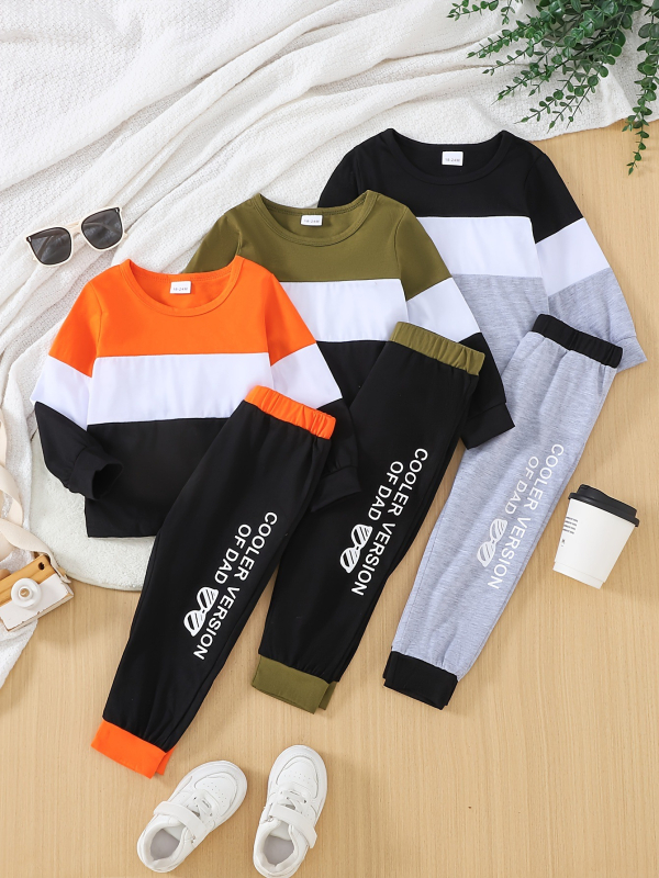 Šesterodijelni tinejdžerski pulover s okruglim izrezom i kontrastnim šavovima za dječake, dugim rukavima, utiskivanjem struka, utiskivanjem slova, ležernim hlačama za proljeće