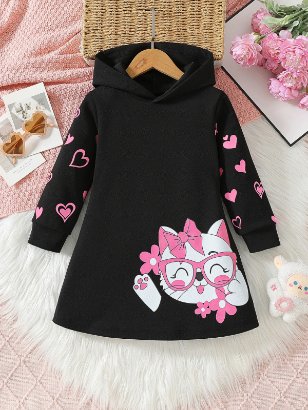 Dievčenské roztomilé kreslené púdrové mačiatko v tvare srdca s dlhým rukávom a kapucňou, ležérne šaty na jar a jeseň
