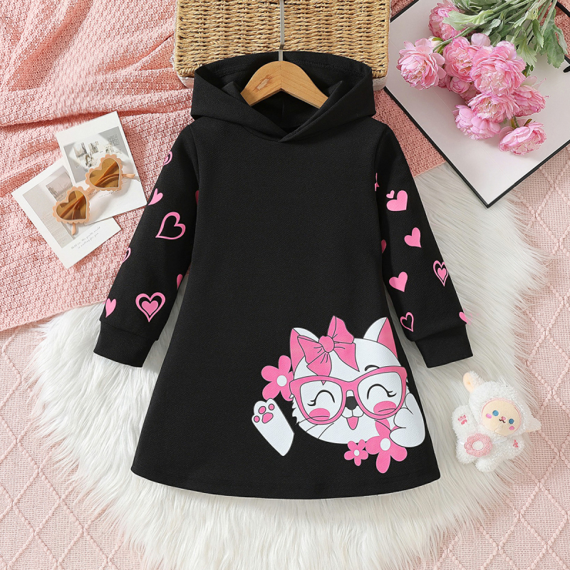 Dievčenské roztomilé kreslené púdrové mačiatko v tvare srdca s dlhým rukávom a kapucňou, ležérne šaty na jar a jeseň