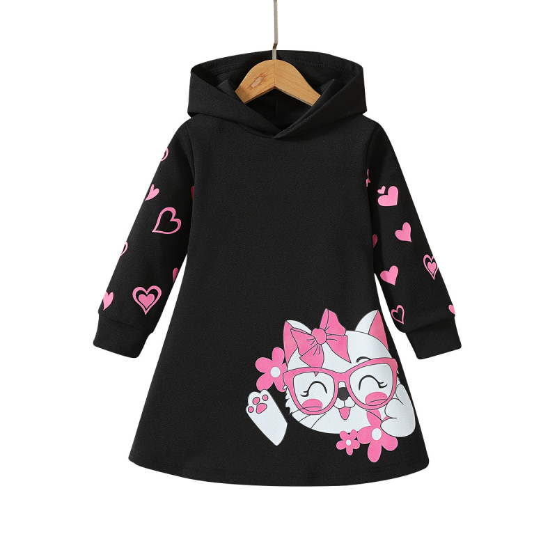 Dievčenské roztomilé kreslené púdrové mačiatko v tvare srdca s dlhým rukávom a kapucňou, ležérne šaty na jar a jeseň