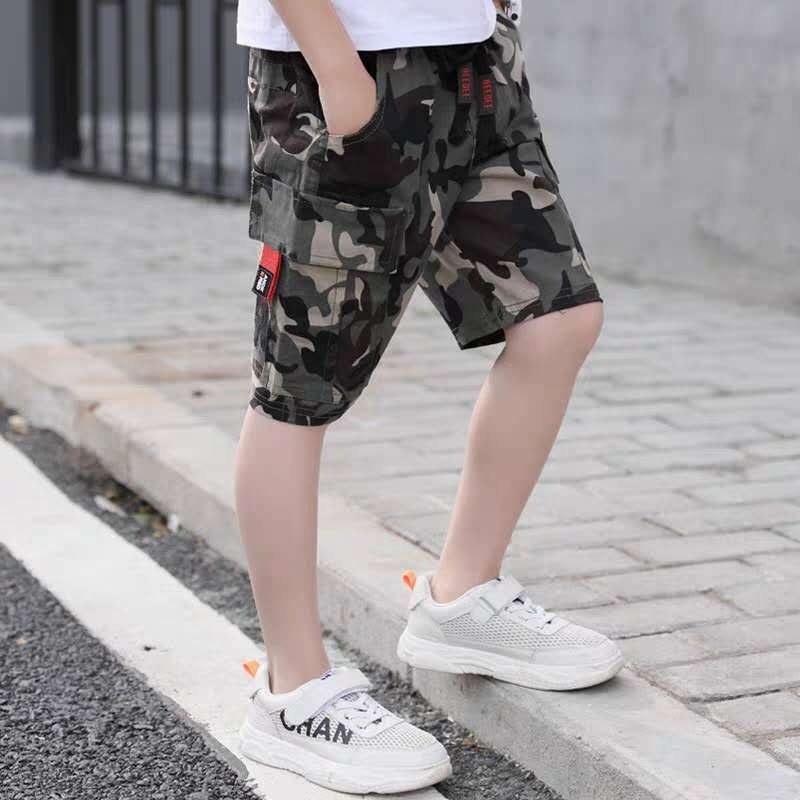 Chlapčenské maskáčové nohavice, detské letné nohavice do polovice, ležérne nohavice, návleky na nohavice, leto 2023, nový štýl, trendy, pre stredné a veľké deti