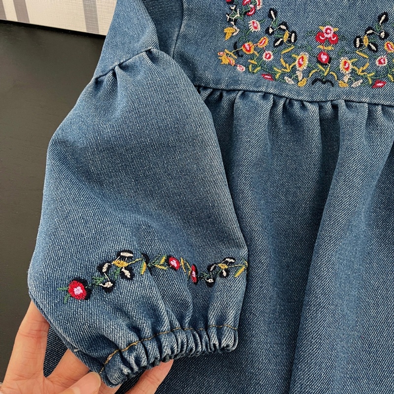 Rochie de printesa nouă în stil coreean pentru copii, rochie de primăvară și toamnă cu broderie din denim, rochie de fete la modă, en-gros transfrontalieră