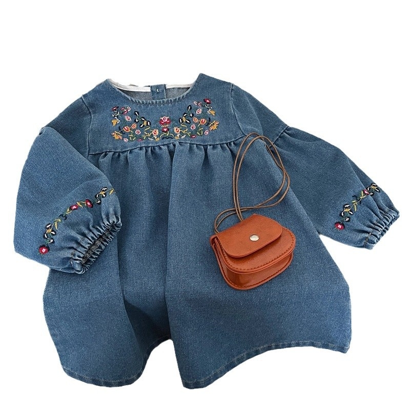 Rochie de printesa nouă în stil coreean pentru copii, rochie de primăvară și toamnă cu broderie din denim, rochie de fete la modă, en-gros transfrontalieră