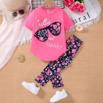 Detský letný dievčenský kostým v západnom štýle v kórejskom štýle 2024, nové chlapčenské tričko s krátkym rukávom, dvojdielna súprava pre bábätká