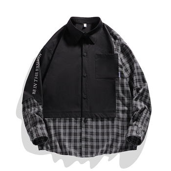 Nova muška karirana košulja dugih rukava s hip hop printom, prekogranična, kontrastna, u boji, za studente, ležerna, s volanima, lijepa, vanjska odjeća, široka