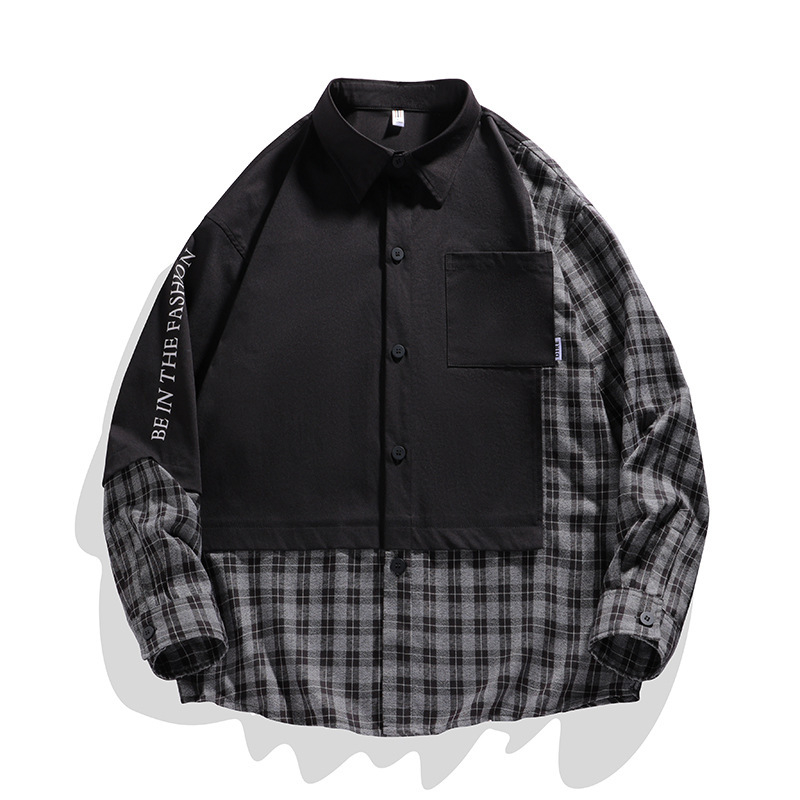 Nova muška karirana košulja dugih rukava s hip hop printom, prekogranična, kontrastna, u boji, za studente, ležerna, s volanima, lijepa, vanjska odjeća, široka