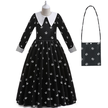 Popularna djevojačka cosplay haljina obitelji Adams u srijedu s cvjetnim motivom, haljina dugih rukava za zabavu