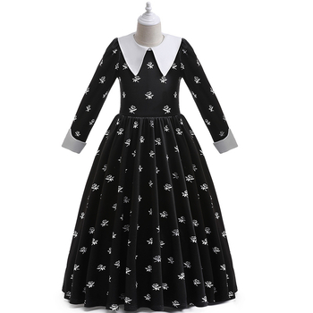 Popularna djevojačka cosplay haljina obitelji Adams u srijedu s cvjetnim motivom, haljina dugih rukava za zabavu