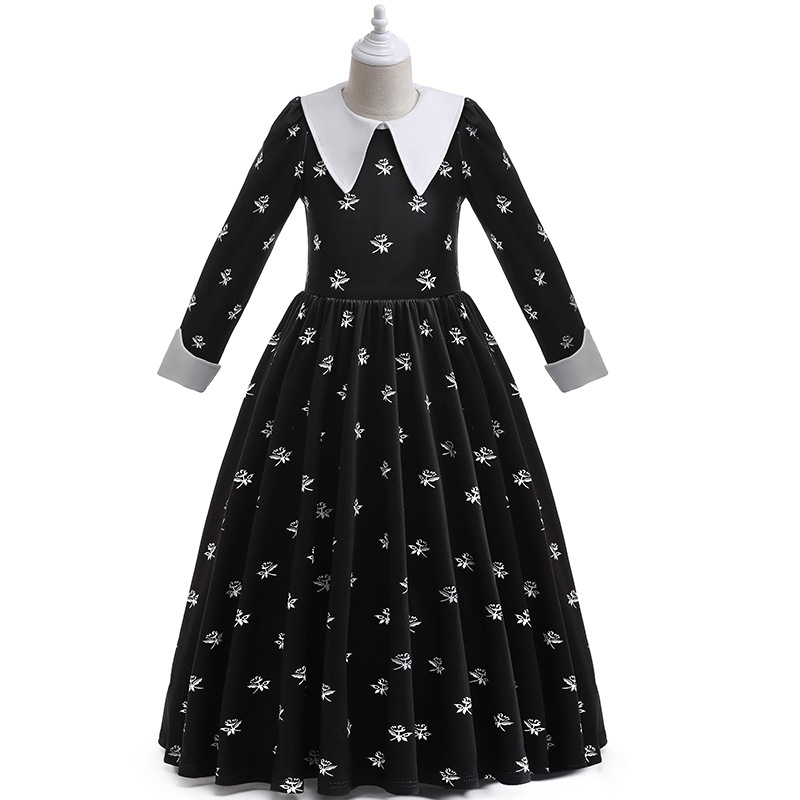 Popularna djevojačka cosplay haljina obitelji Adams u srijedu s cvjetnim motivom, haljina dugih rukava za zabavu