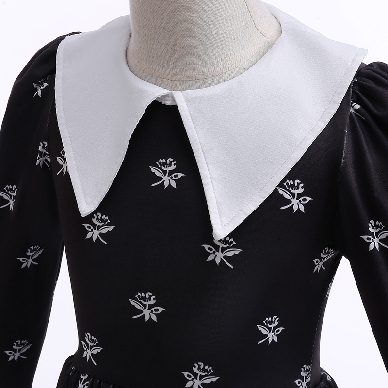 Popularna djevojačka cosplay haljina obitelji Adams u srijedu s cvjetnim motivom, haljina dugih rukava za zabavu