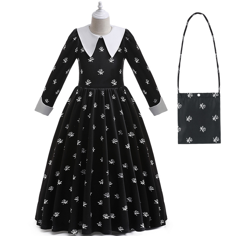 Popularna djevojačka cosplay haljina obitelji Adams u srijedu s cvjetnim motivom, haljina dugih rukava za zabavu