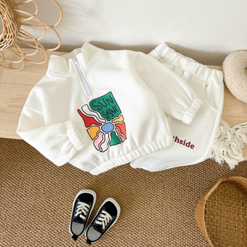 Χειμερινό βρεφικό φούτερ κορεατικού στιλ για αγόρια και κορίτσια, σετ δύο τεμαχίων με φλις στάμπα και φερμουάρ στο πέτο