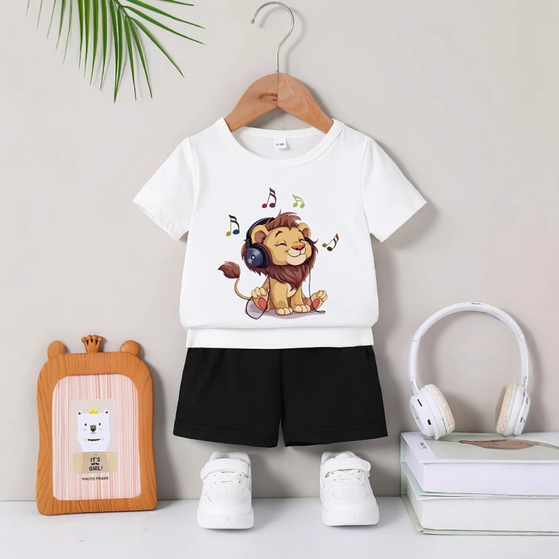 Cezhraničné INS Baby Boy Baby Letné počúvanie hudby Lev Hot Stamping krátky rukáv top šortky oblek