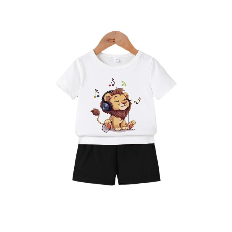 Cezhraničné INS Baby Boy Baby Letné počúvanie hudby Lev Hot Stamping krátky rukáv top šortky oblek