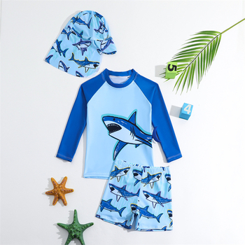 Užsienio prekybos Europa ir Amerika vasaros berniukų maudymosi kostiumėlių kelnių komplektas, padalintas ilgomis rankovėmis, 3 dalių maudymosi kostiumėlio komplektas